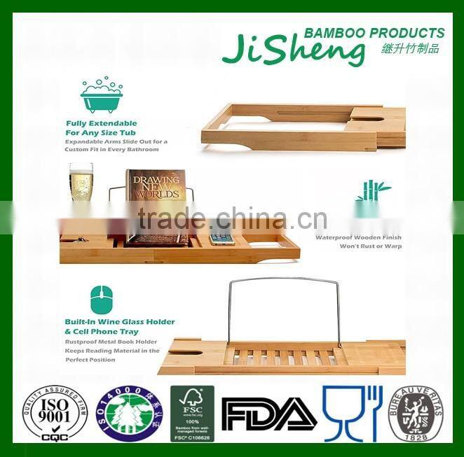 Bamboo Bathtub Caddy Tray with Extending Sides and with waterproof cloth