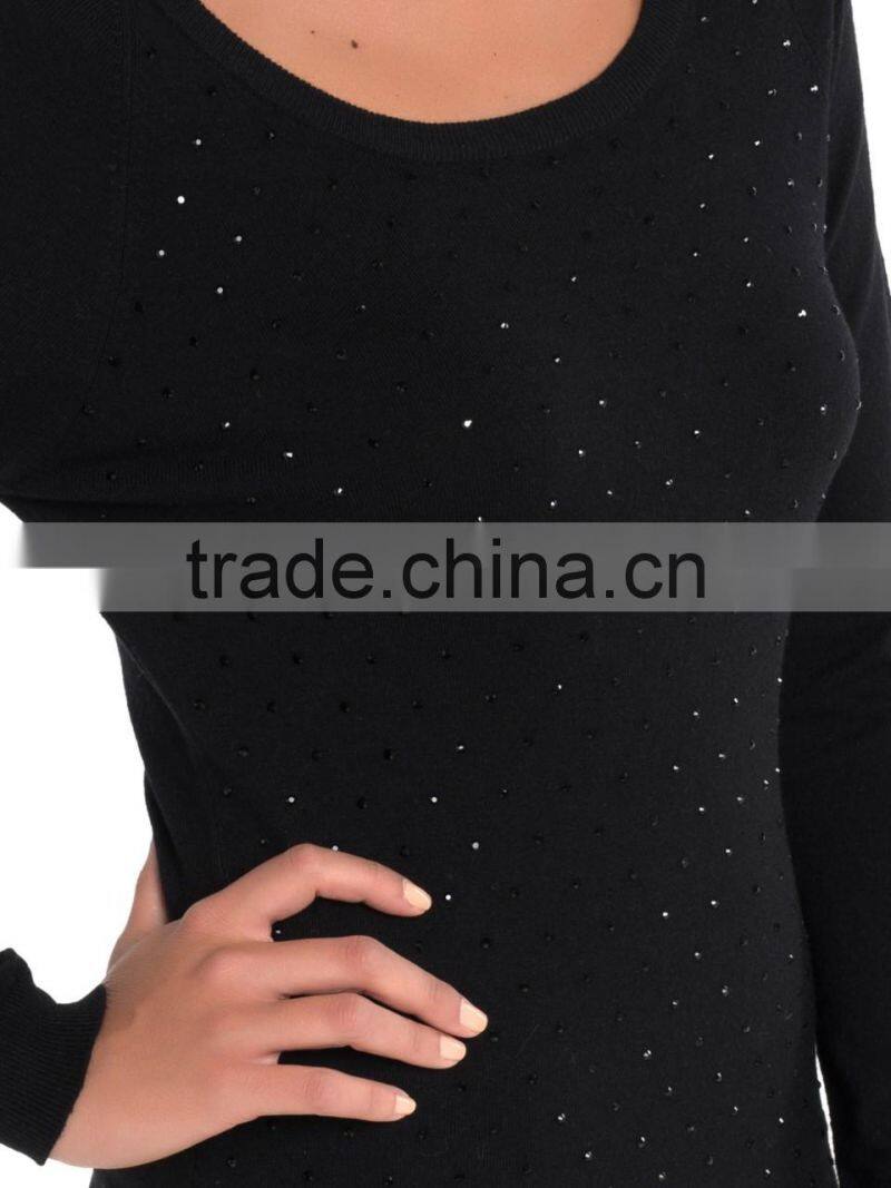 2015 Round Neck Solid Black Beaded Long Sleeve Bottoming Mono Fitness Tight Pullover Womens Dress Wholesale