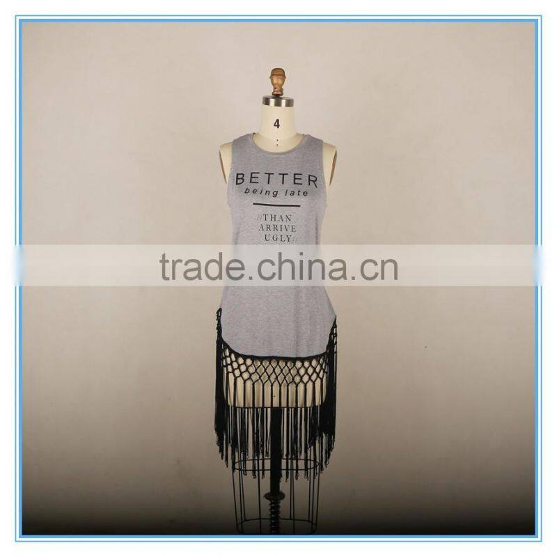 Long Jersey Knit Women Tank top With Braiding Sweep