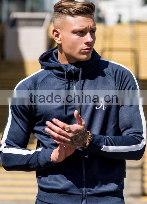 Navy Polyester Tracksuit Tops Slim Fit Men's Full Zip Hoodie Raglan Contrast Hoodie Top Muscle Hoodie Jacket OEM