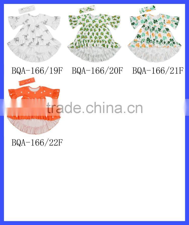 Yiwu lovababy kid dress short front long behind with same fabric bow headband latest design baby frock