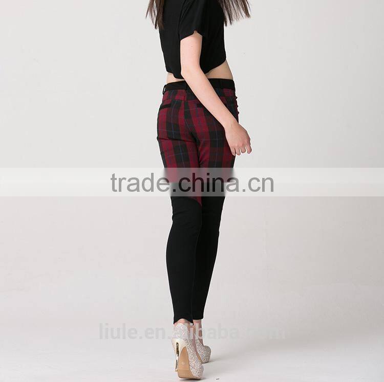 red plaid women casual pants with elastic fabric