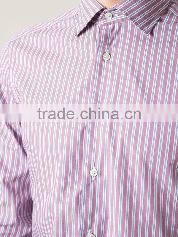 Pink cotton vertical stripes long sleeve men's classic shirt