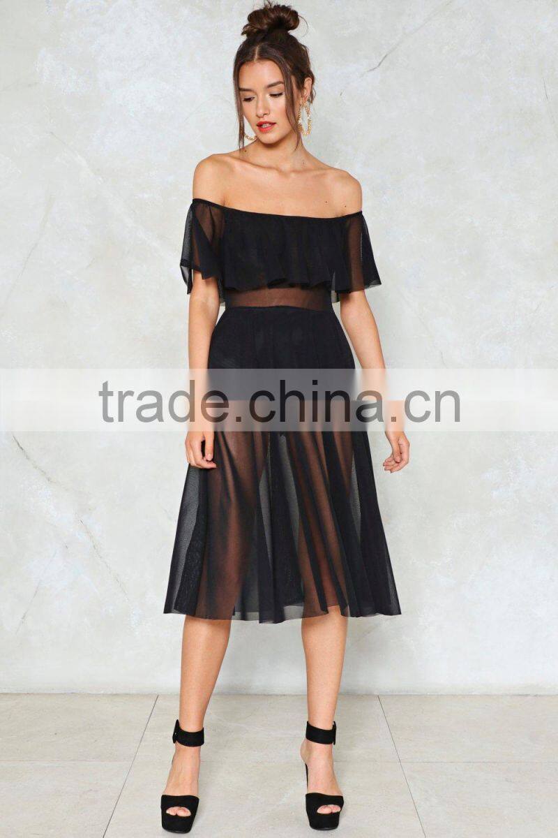 Wholesale Oem custom fashion women black mesh off shoulder maxi dress