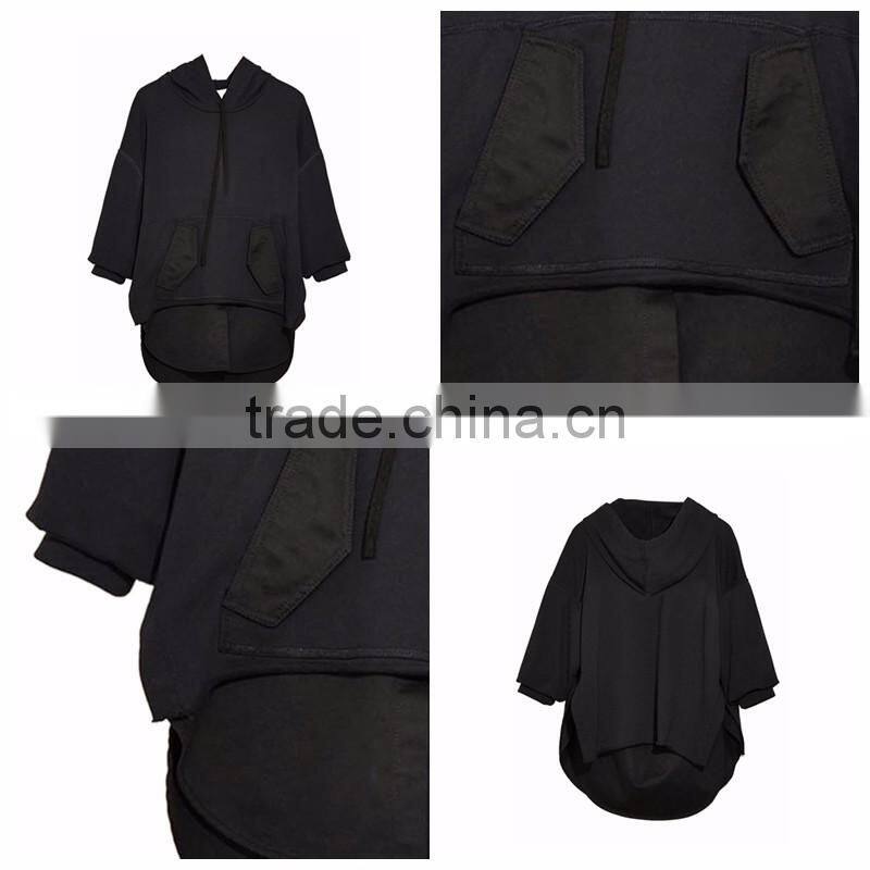 Black Drop Shoulder Split Side Paneled Hoodie for Ladies