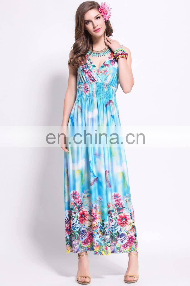 V neck smocking Floral printed bohemia dress long styles design