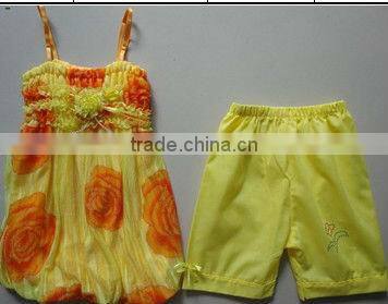 summer 160g Girl's chiffon dress and jersey pant 2pcs set