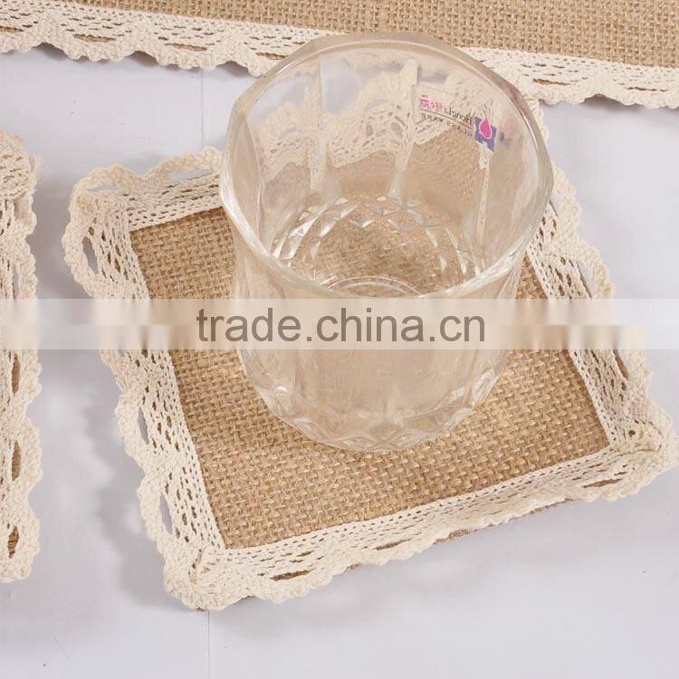 Square crochet coasters with lace trims,hot burlap fabric crochet doilies