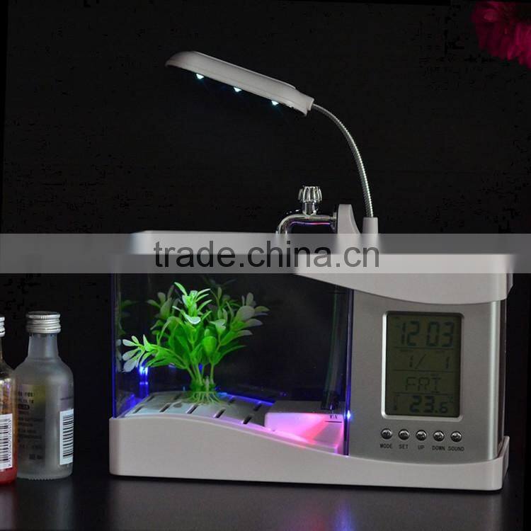 Mini fish tank USB aquarium with LED lamp clock business gift Pen Holder