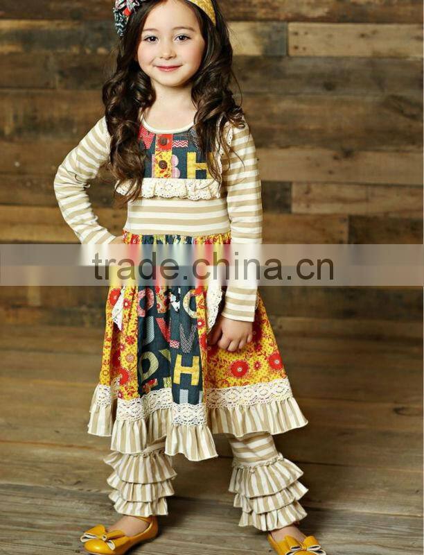 2015 yiwu koya factory wholesale pumpkin halloween girls fall boutique outfit white top hairbow ruffle pant set boutique outfits
