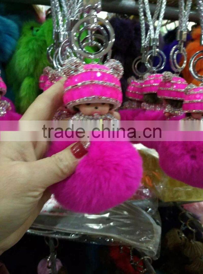 Wholesale New Designs Cute Multicolor Rhinestone Monchhichi Doll Rabbit Fur Ball Keychain