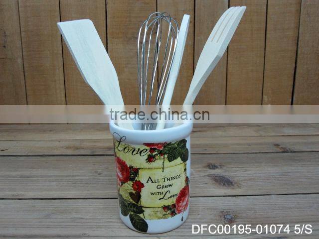 new style rose decal design ceramic cooking tools utensils with ceramic holder