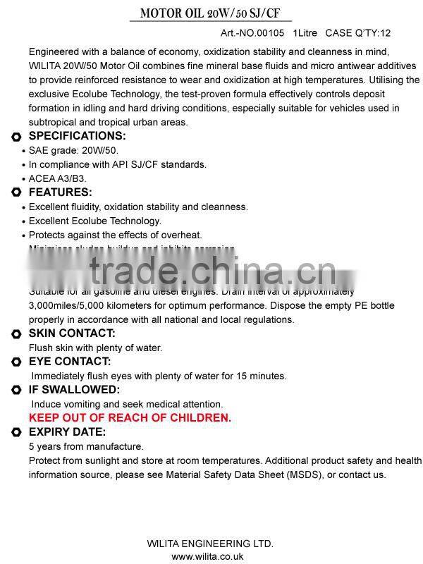 20W50 Motor Oil Engine Oil Automotive Lubricant Oil 20W50 Lubricant