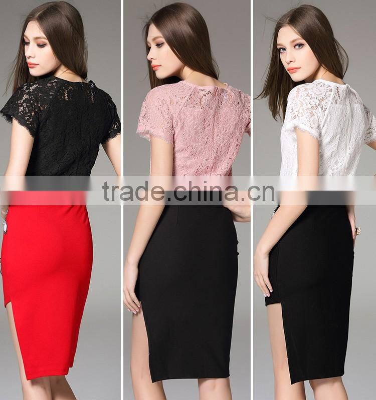 Wholesale 2016 Summer Women Black White Pink Tops Lining Lace Blouses Back Zipper Short Sleeve Slim Fashion Design Lady Blouse