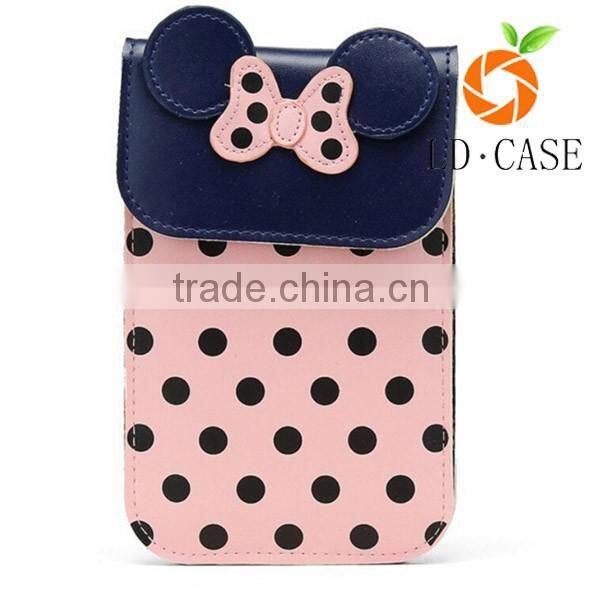 Cute Bow &Polka Dots Flip Cover Purse Two Layers PU Leather Mini Crossbody Shoulder Pouch Travel Cellphone Bag