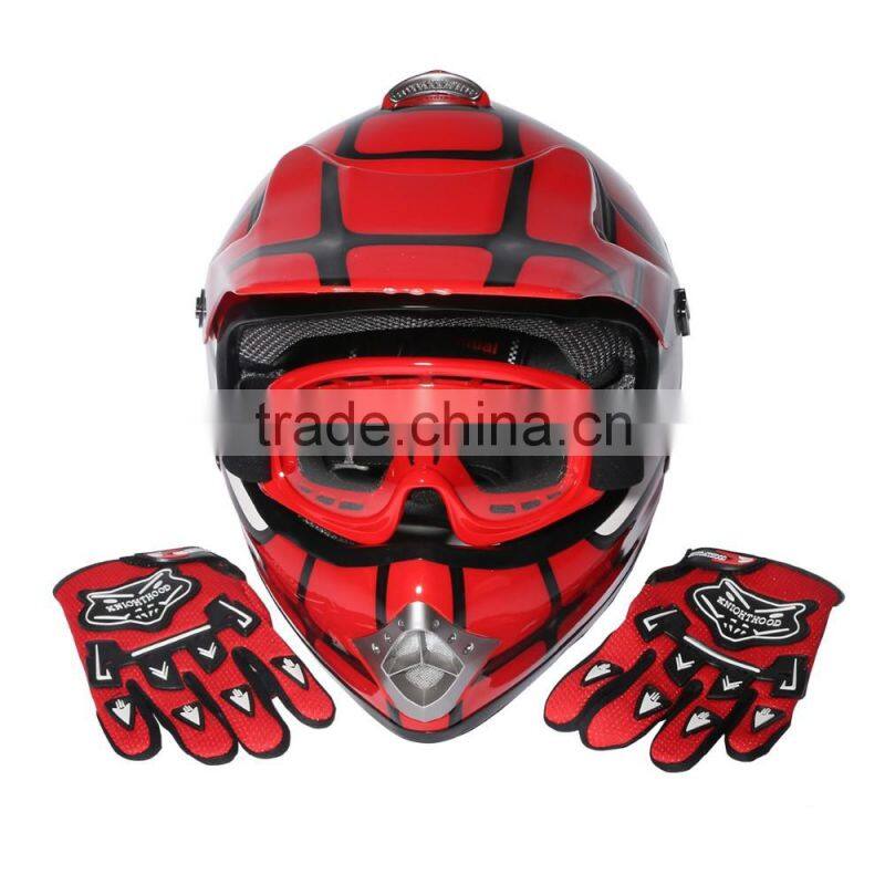 Youth Red Spider Net Dirt Bike Motocross Quads ATV Helmet Goggles+Gloves S M L