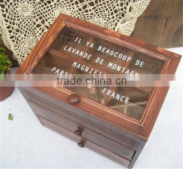 Vintage Small Wooden Cabinet Box With 6 Grids and 2 Drawer Glass Cover Storage Box Old Style Wood Craft Home Decoration 25*17*2