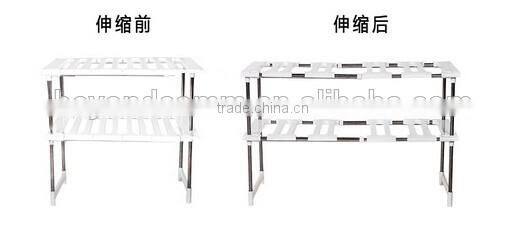 Kitchen telescopic plastic sink storage shelf rack/stainless steel kitchen storage rack