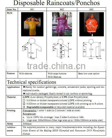 Plastic rain poncho for sport events
