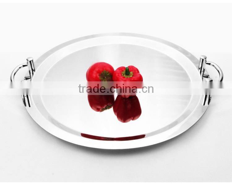 Mirror polish round stainless steel large serving tray with handle