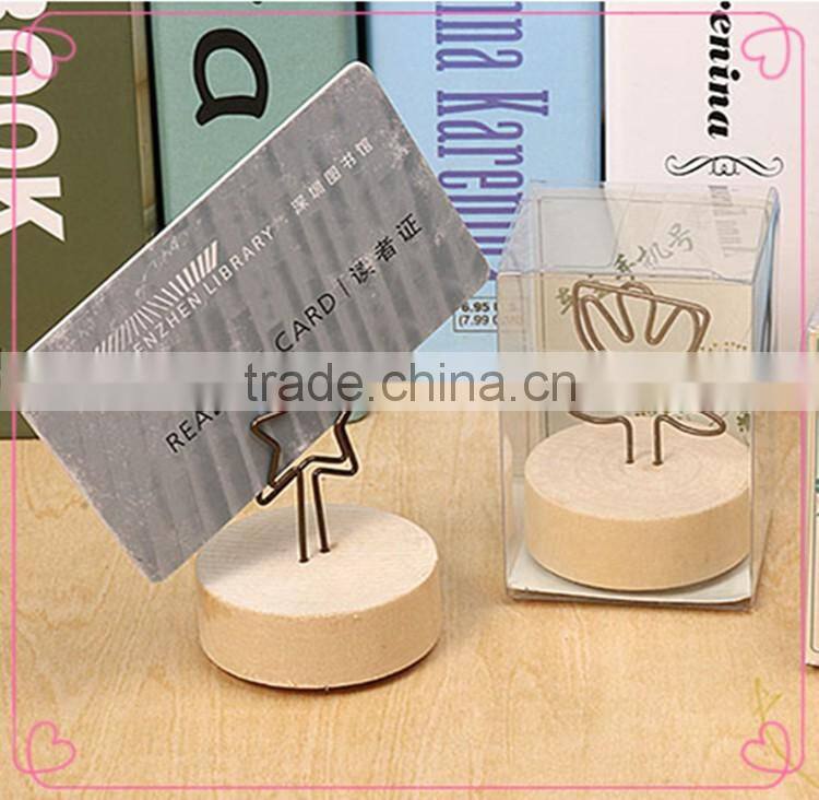 OEM designs bronze metal card clips with round wooden base