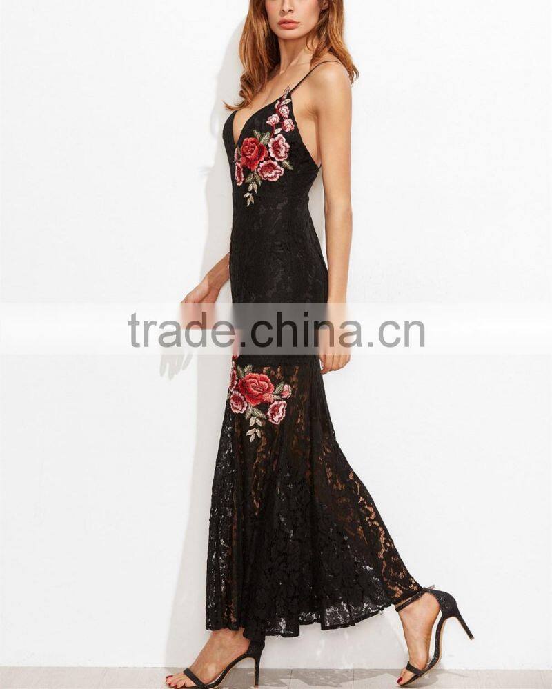 OEM Service Sexy Embroidered Rose Applique Overlay Fishtail Cami Dress Pictures Of Latest Long Gown