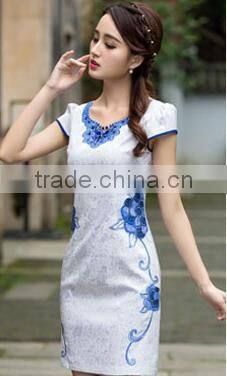 2016 New Style Elegant Chinese Ladies Summer Midi Short Sleeve Cheongsam Dresses