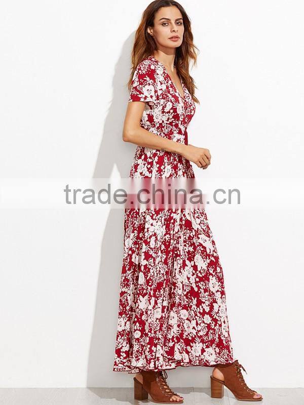 Woman Fashion Short Sleeve Floral Print Button Down Long Maxi Dress