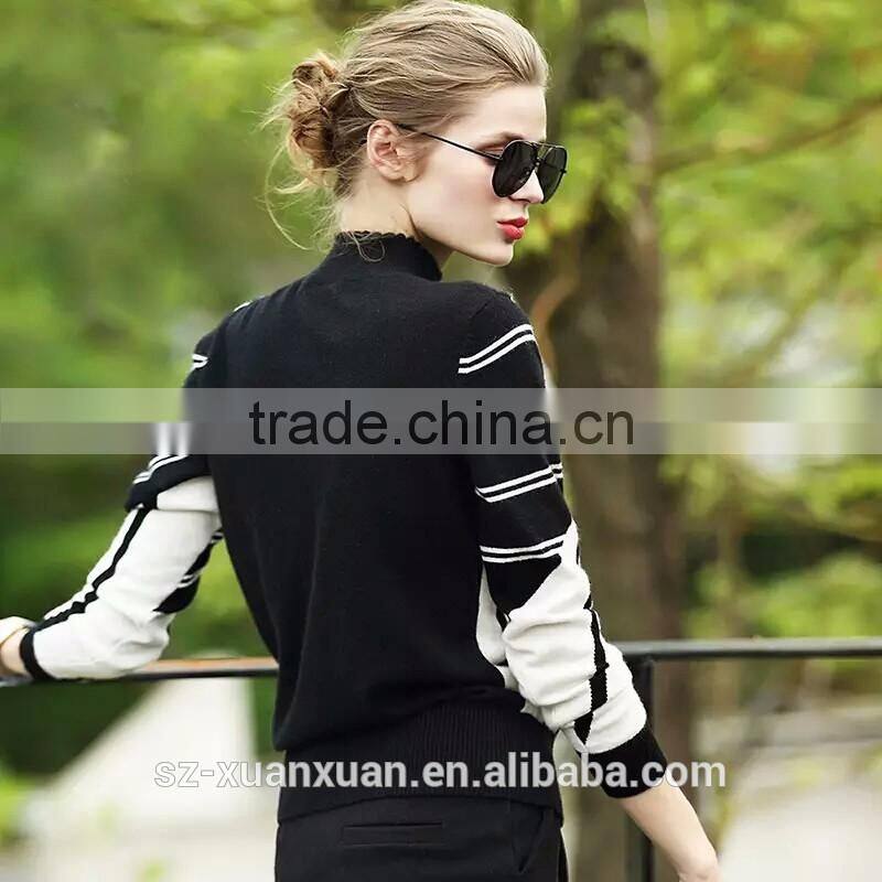 Latest design black and white stripe turtleneck sweater for women