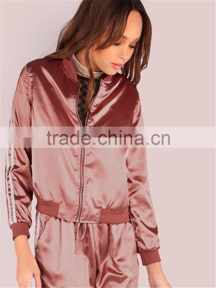 MGOO Women Plain Lightweight Satin Track Bomber Jacket Zip Up Baseball Jacket With Private Label Tag