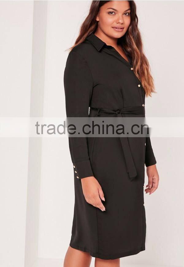 Plus Size Satin Button Through Belted Shirt Dress Rayon Black Long Sleeve Shirt Dress