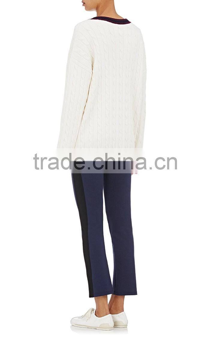 Wholesale Pure White V-Neck Rib-Knit Cashmere Women Sweater with Buttons Fastening and Slant Pockets