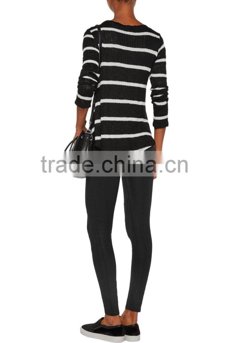Fashionable V-neck White and Black Strips Pattern Knitwear with Asymmetric Hem and Ribbed Trim