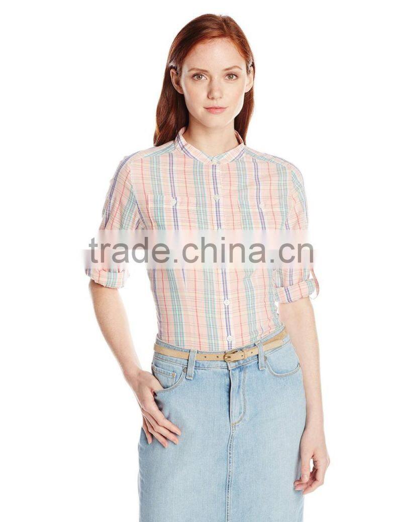 Chest pockets checked Slightly fitted mini stand collar 100 cotton blouse/shirt