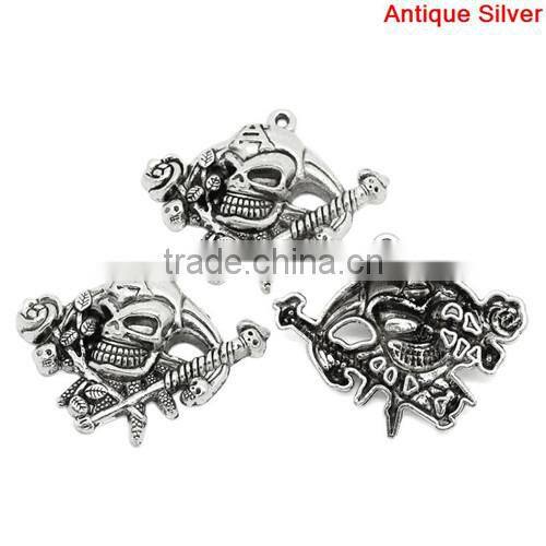 Charm Pendants Rose Flower Skull Halloween Ornaments Antique Silver 5x4.2cm