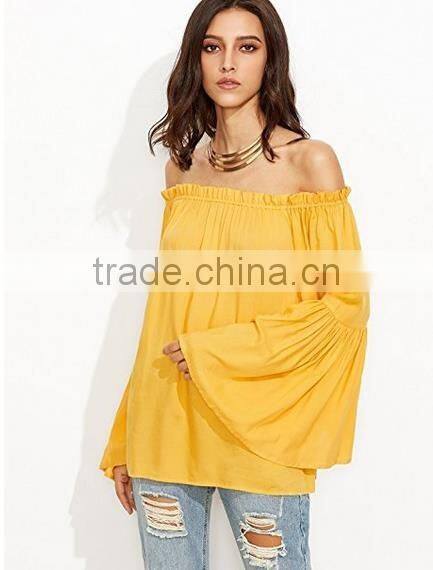 Women lady blouse Off Shoulder Pleated Ruffle Sleeve Blouse Top