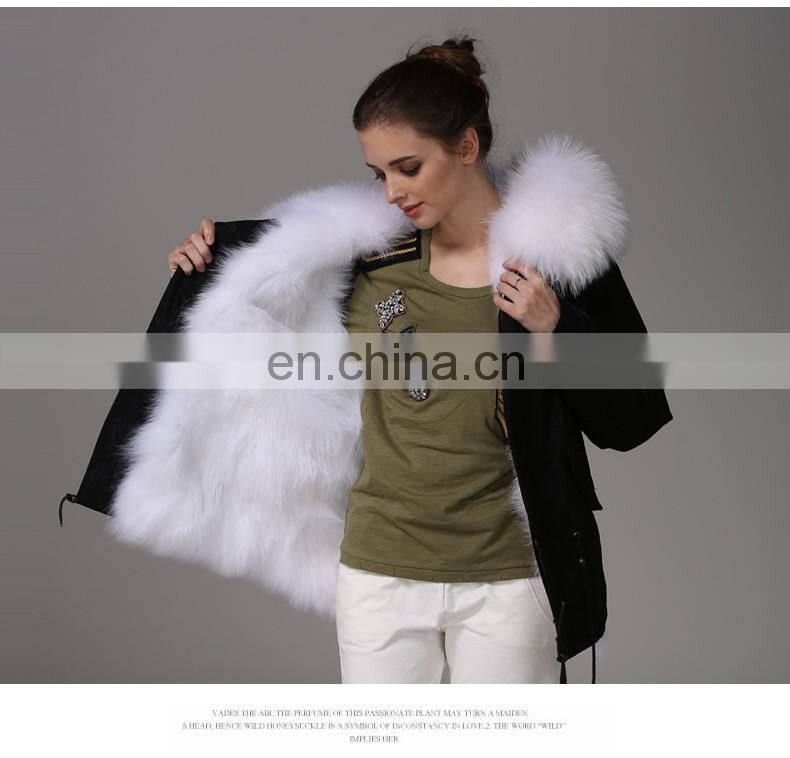 Fashion Women Black Jacket With Raccoon Collar And White Fox Fur Coat