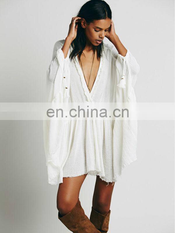 High quality raw hem cotton gauze dress fashion high low tunic dress
