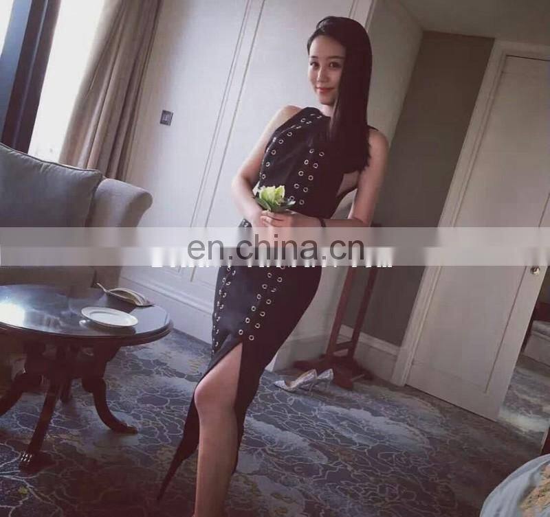 Elegant Women O-neck Sleeveless Asymmetric Hem Black High Sexy Front Split Casual Midi Dress