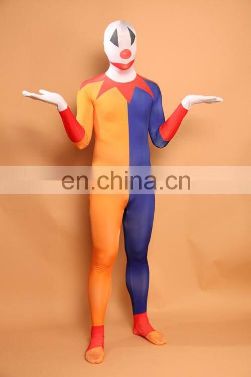 Mens Blue & Yellow Split Second Skin Suit Zentai Clown Fancy Dress Lycra Bodysuit