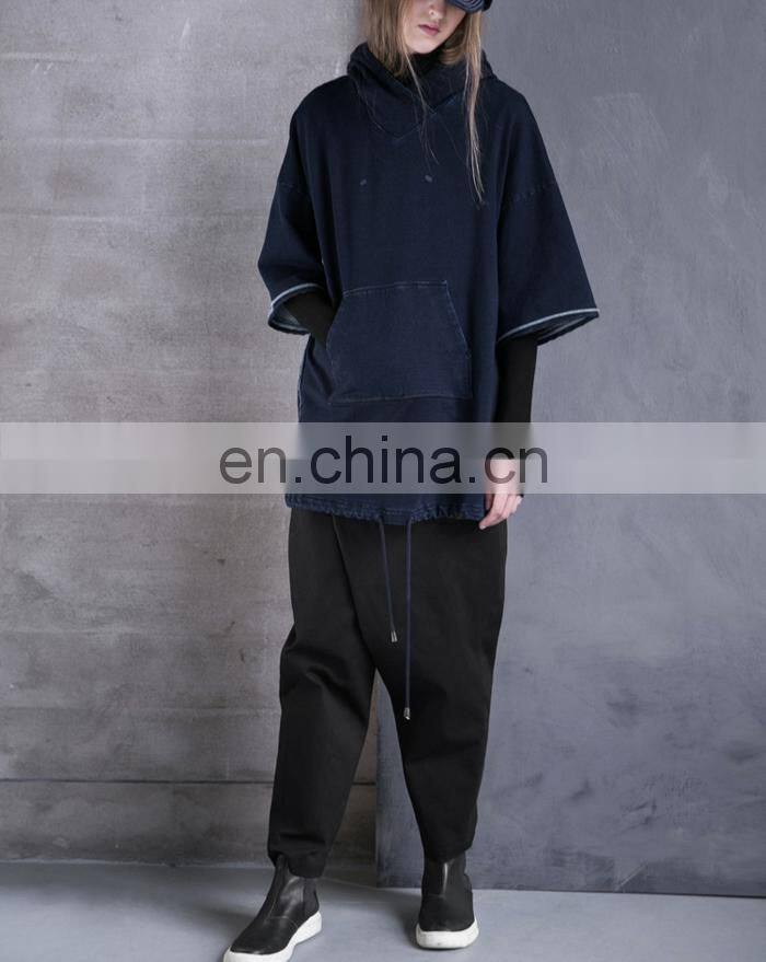 2017 Winter Women Loose Casual Drop Shoulder Indigo Blue Pullover Hoodie With Front Pocket