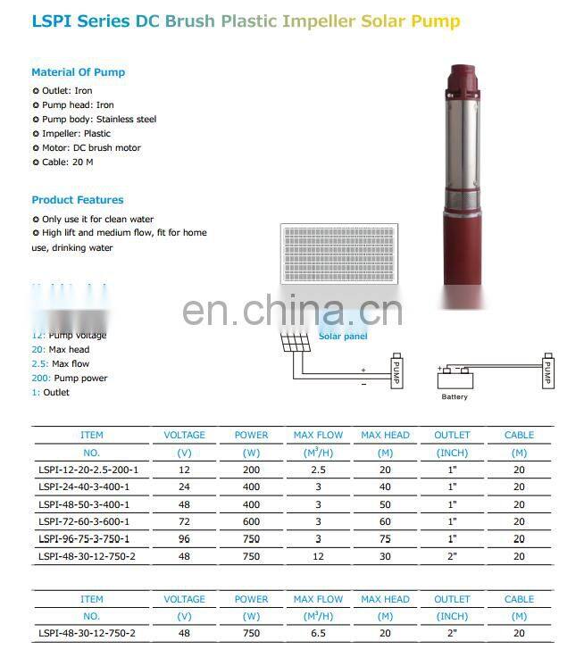 LSPI DC brush plastic impeller solar pump