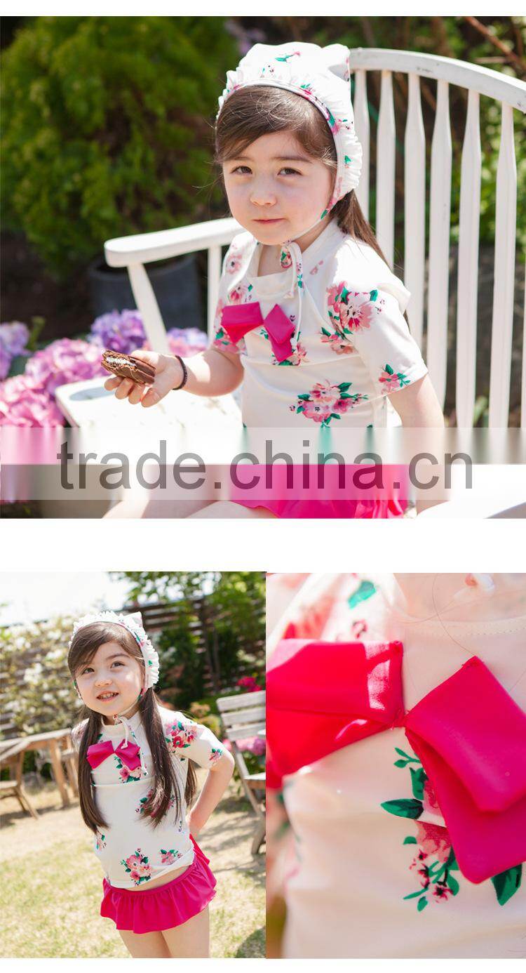 beautiful flower printed children bath suits fancy swimwear with cap wholesale