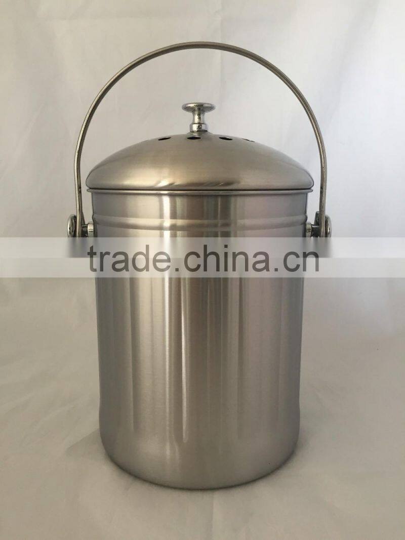 6L large Stainless Steel Compost Pail bucket with Carbon filter and portable handle