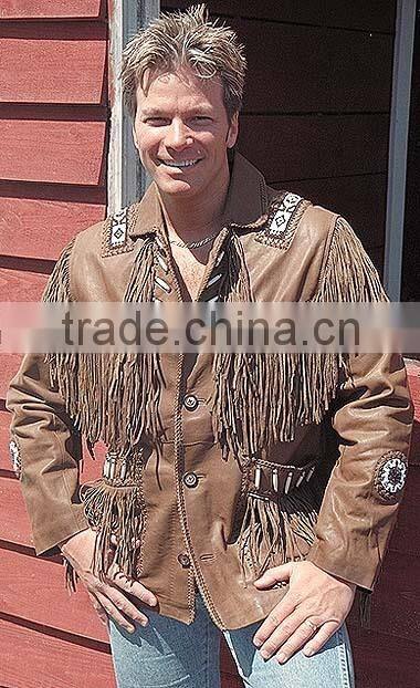 2015 New fashion Western Brown Leather Jacket with Fringe and Bone Beading for mens motorbike leather jacket