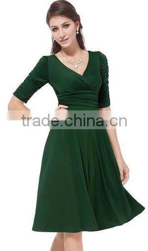 3/4 Sleeve Ruched Waist Classy V-Neck Casual Cocktail Dress manufacture /lady dress