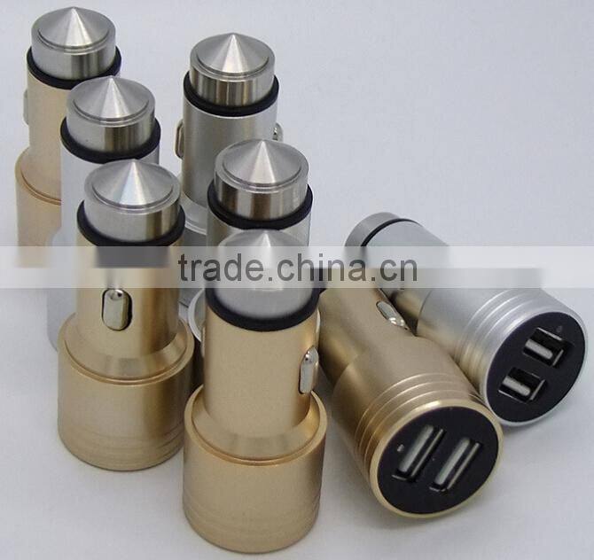 Colorful Aluminum Dual USB Car Charger Escape Equipment Metal Safety Hammer Shape Car Charger For Mobile Devices
