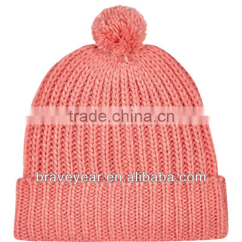 rib knit beanie hat with pom pom and turn up trim
