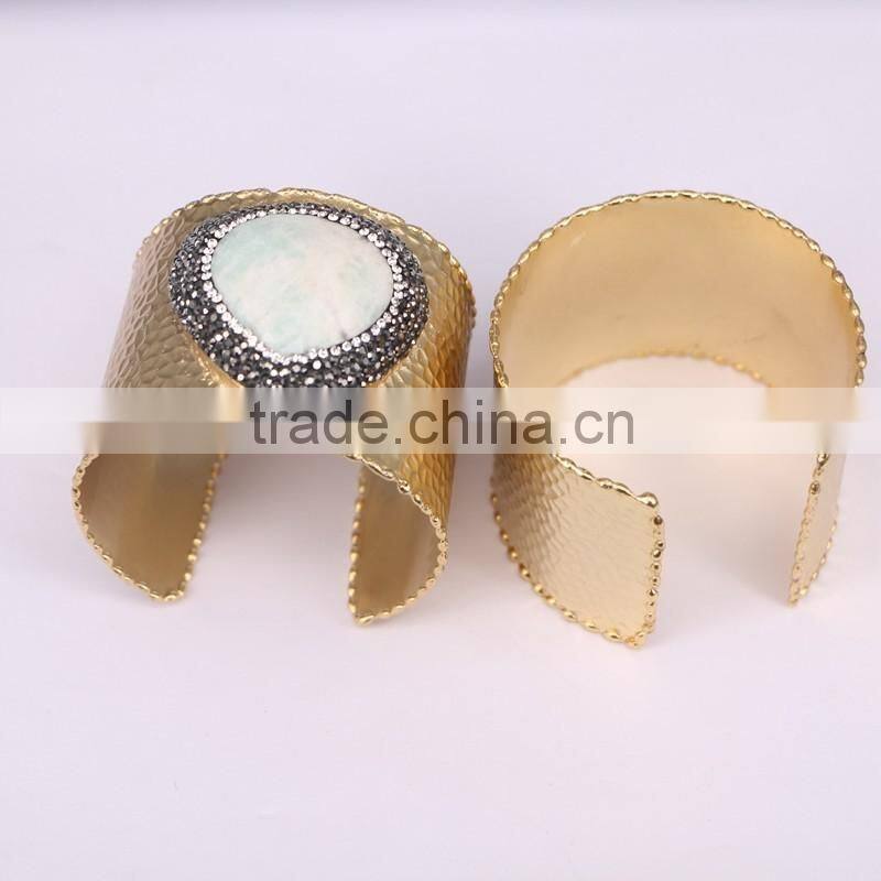 Charm Metal Brass Plated Gold Druzy Bangles, Natural Amazon Gem stone Bangles, with Pave Crystal Quartz Stone Bangles
