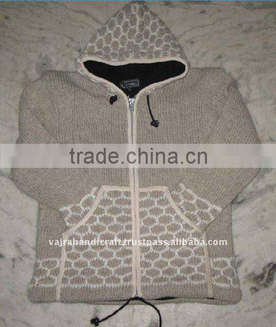 Black Printed Hand Knit Wool Inner Fleece Hoody Winter Men Thick Sweater